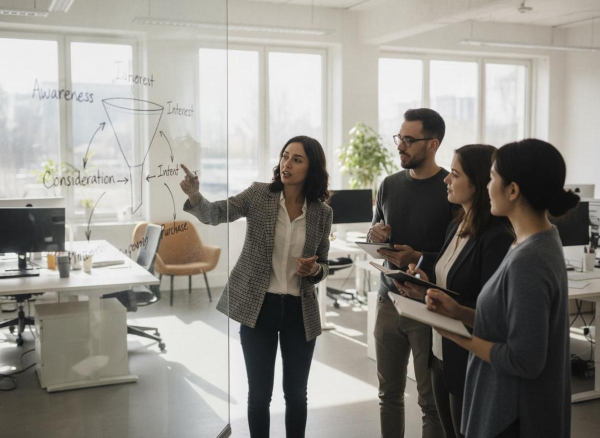 Small B2B team at whiteboard mapping social media marketing vs LinkedIn ads funnel strategy