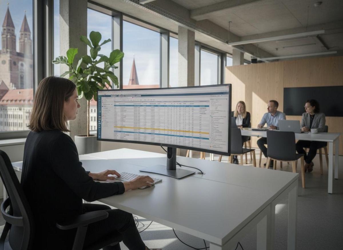 Marketing manager reviewing google ads campaign structure best practices on spreadsheet in Munich office