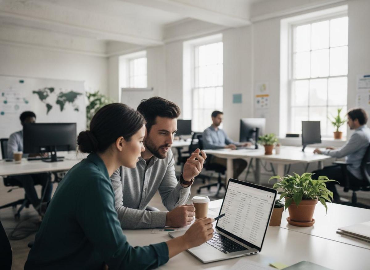 Two colleagues reviewing google ads campaign structure best practices on a laptop in a bright open-plan office