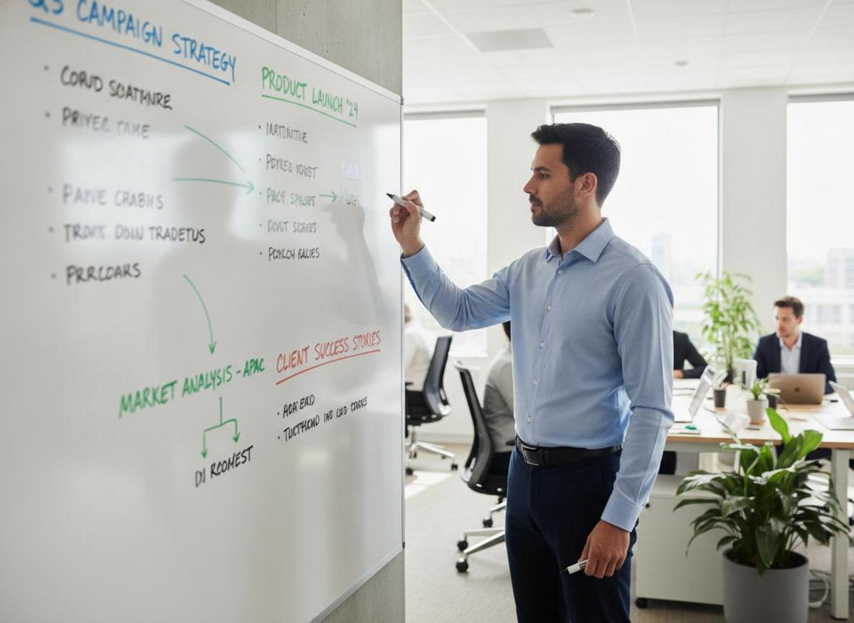 Team member mapping google ads campaign structure best practices on whiteboard with campaign labels in bright office