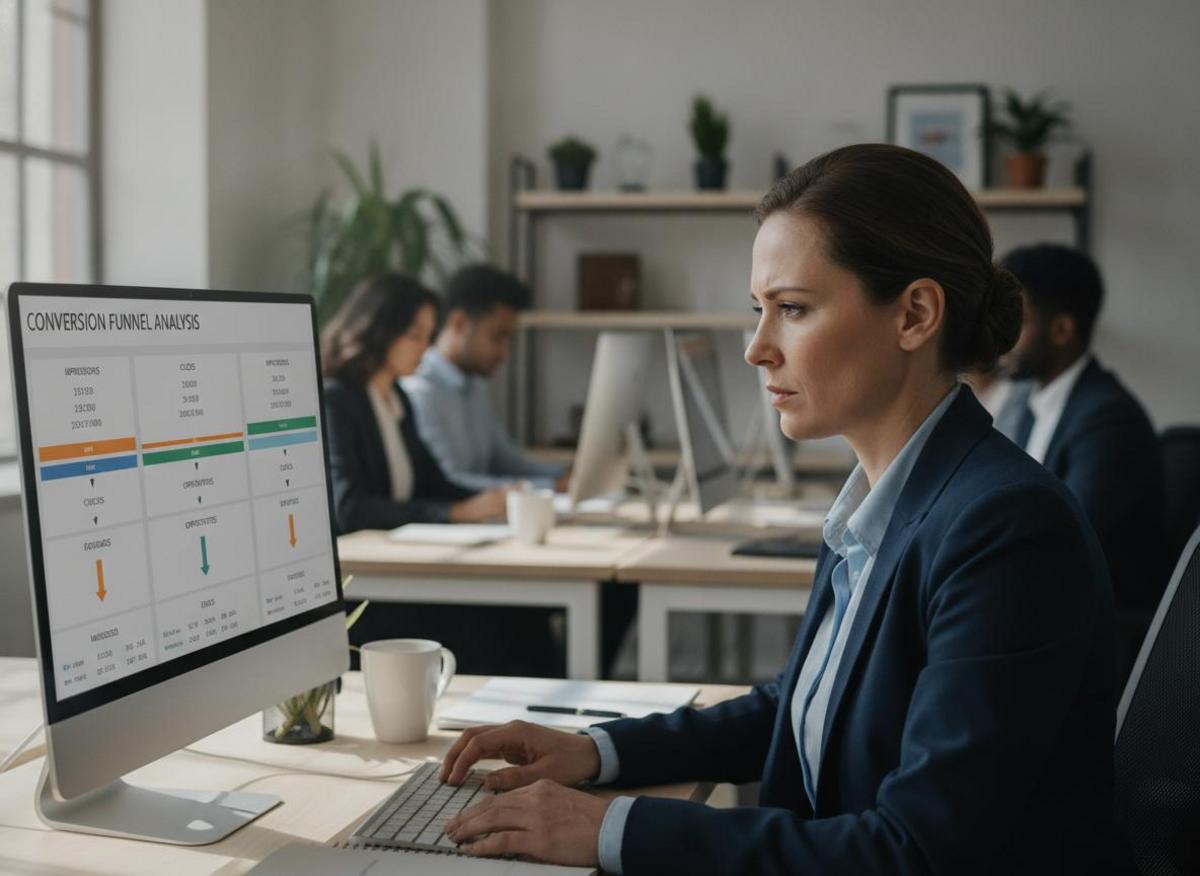 Analyst reviewing conversion funnel dashboard applying google ads campaign structure best practices in office