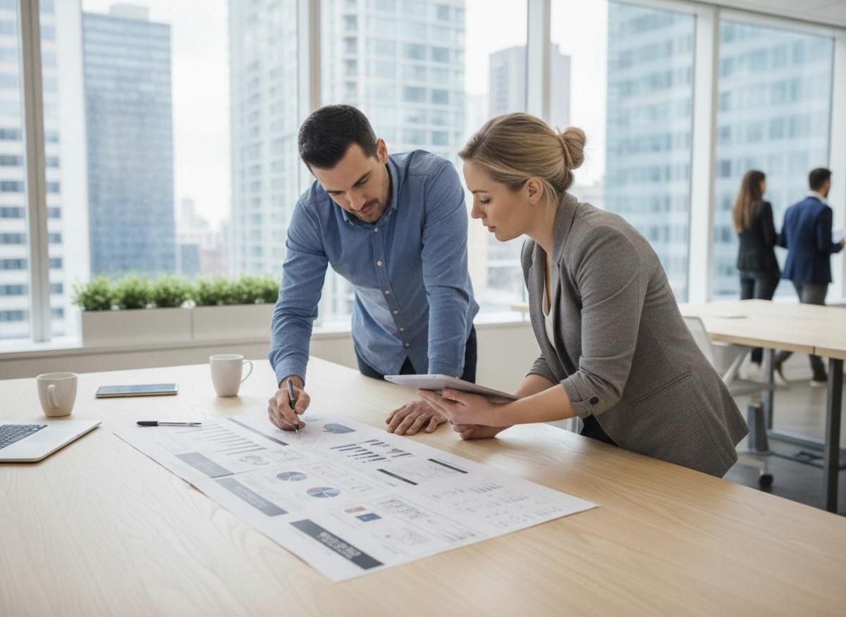 Two colleagues reviewing website development cost factors on a project scope document at a bright office desk