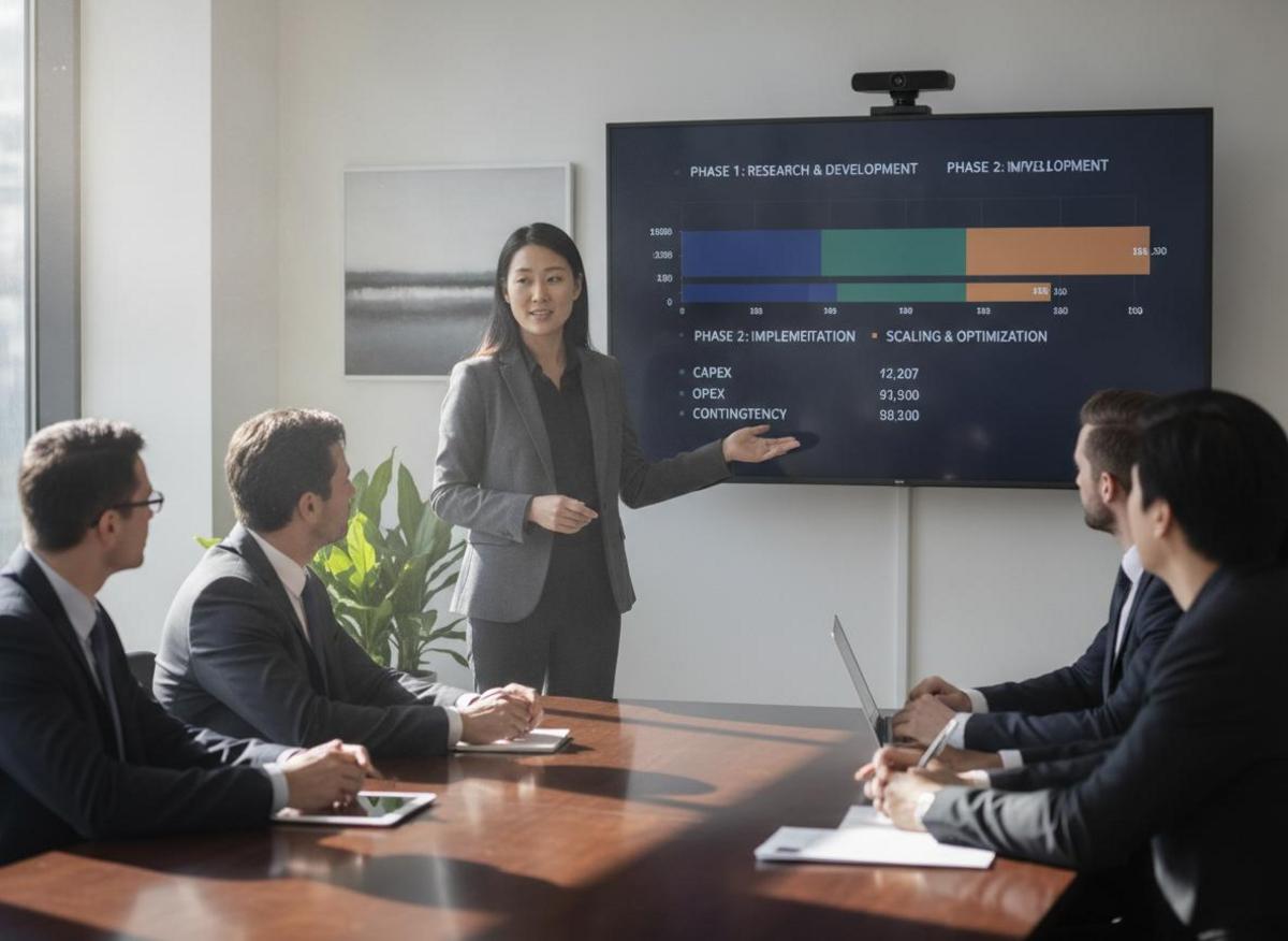Project manager presenting tiered breakdown of how much does website development cost in a meeting room