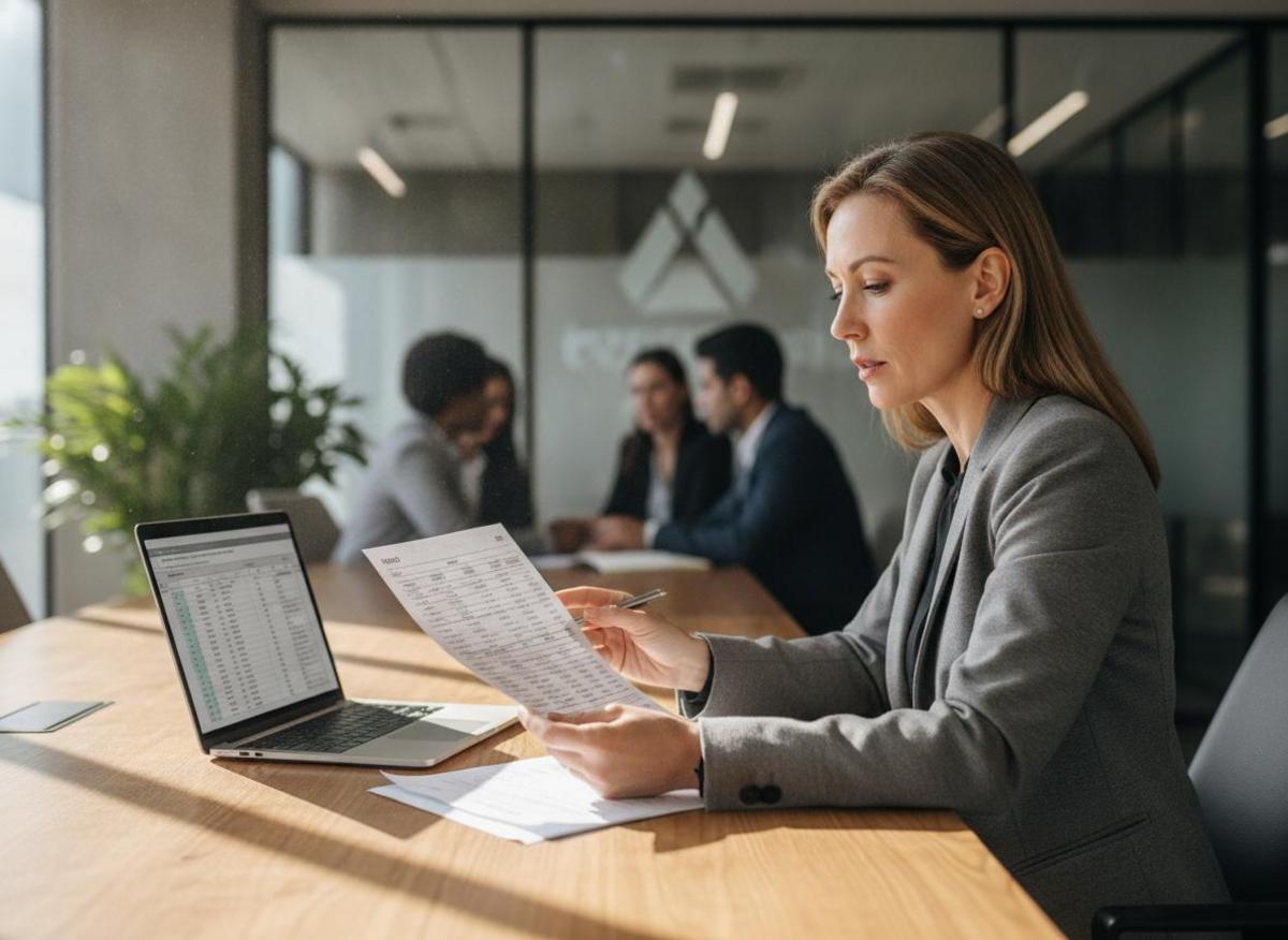 Finance director reviewing detailed invoice beside laptop while calculating how much does website development cost