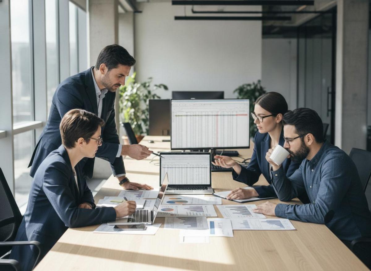 Finance team reviewing budget spreadsheets for in-house vs agency marketing comparison at a sunlit office desk