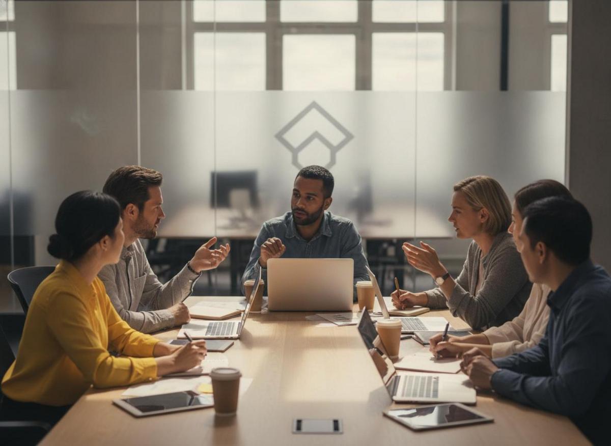 Diverse marketing professionals collaborating at conference table, reflecting in-house vs agency marketing comparison dynamics