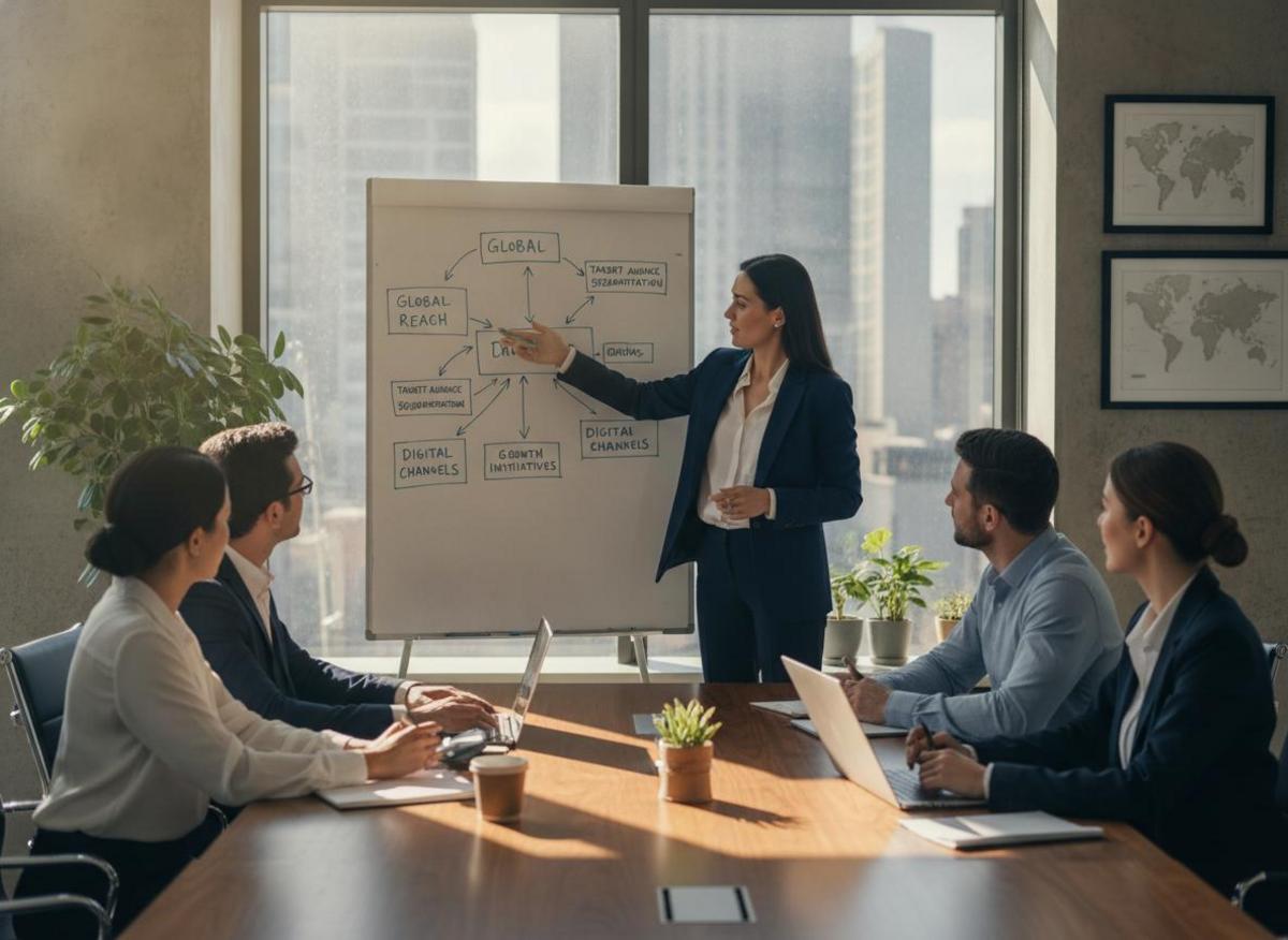 Marketing director presenting campaign strategy on whiteboard, illustrating in-house vs agency marketing comparison for teams