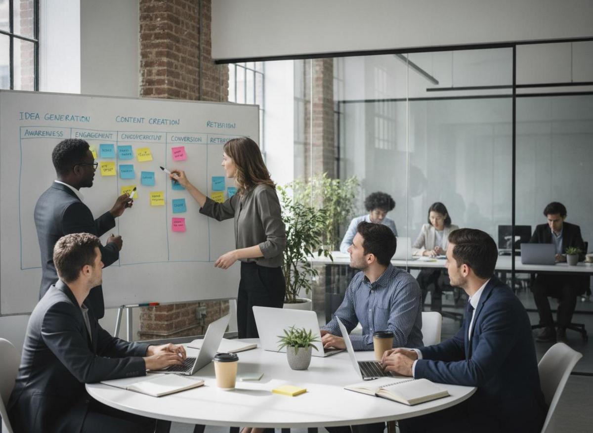 Marketing team mapping b2b social media strategy best practices on whiteboard with sticky notes in collaborative workspace