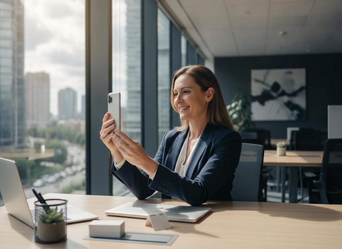 Business executive recording video at office desk — b2b social media strategy best practices for employee advocacy