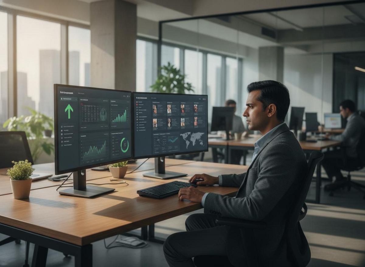 Analyst reviewing B2B social media strategy best practices on a performance dashboard across dual monitors