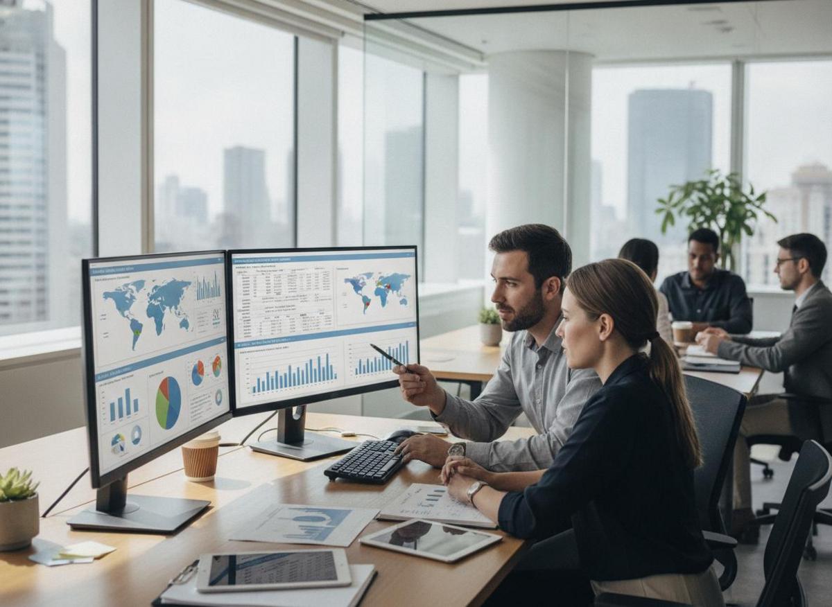 Two professionals analyzing multilingual market data on dual monitors to develop an international B2B SEO strategy