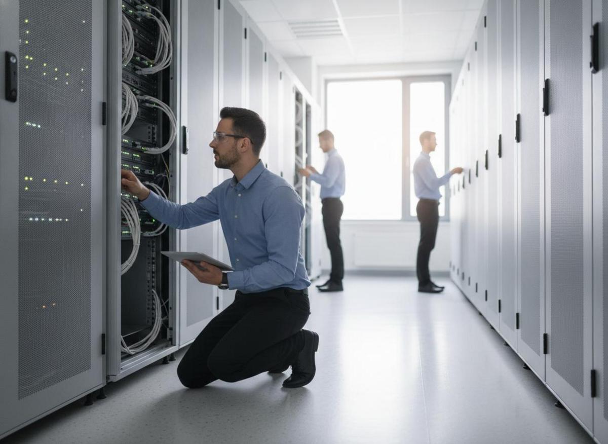 IT specialist configuring server infrastructure supporting an international B2B SEO strategy in a modern server room