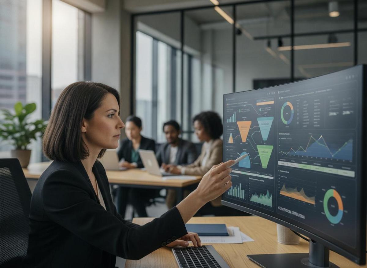 Marketing analyst reviewing conversion attribution dashboards to optimize international B2B SEO strategy performance