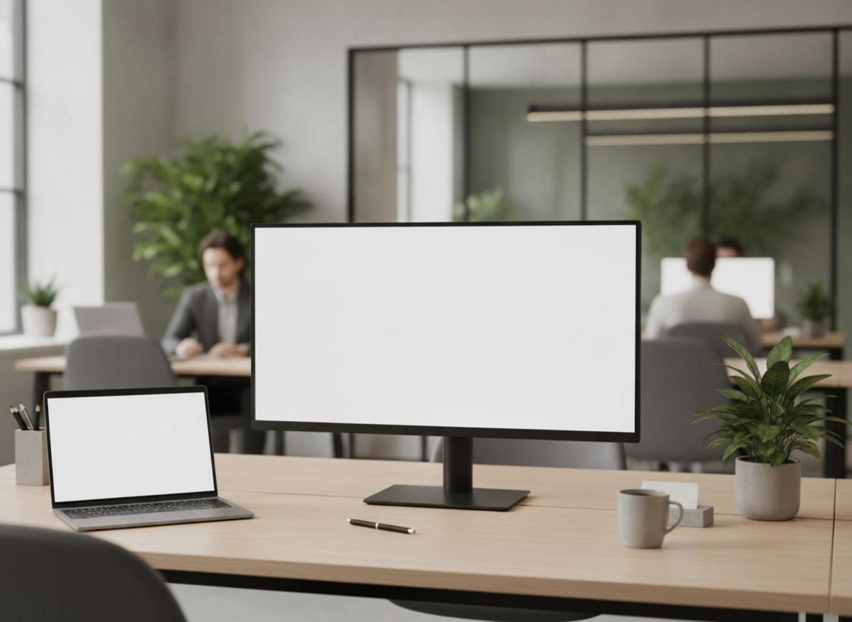 Minimal corporate desk with clean monitor reflecting web design trends b2b companies embrace for clarity