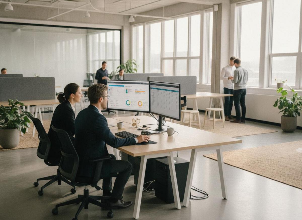 Two colleagues analyzing best SEO tools for agencies 2025 on dual monitors in a sunlit open-plan office