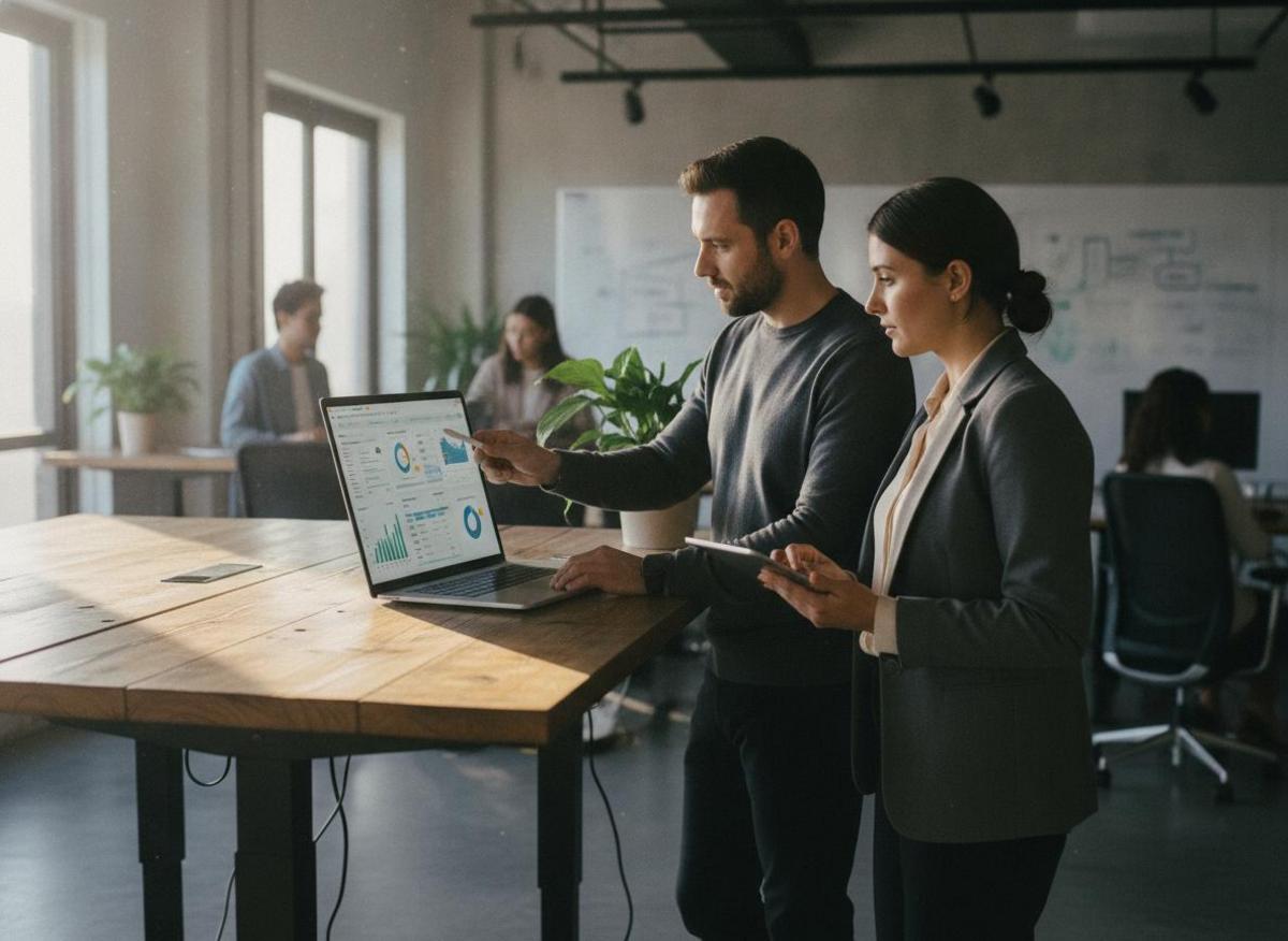 Developer and SEO specialist reviewing site crawl report — using best SEO tools for agencies 2025 at standing desk