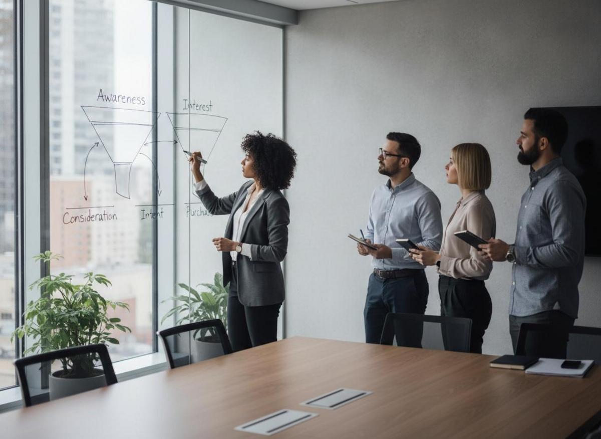 Marketing professional mapping marketing automation workflow examples B2B on whiteboard funnel with team in meeting room
