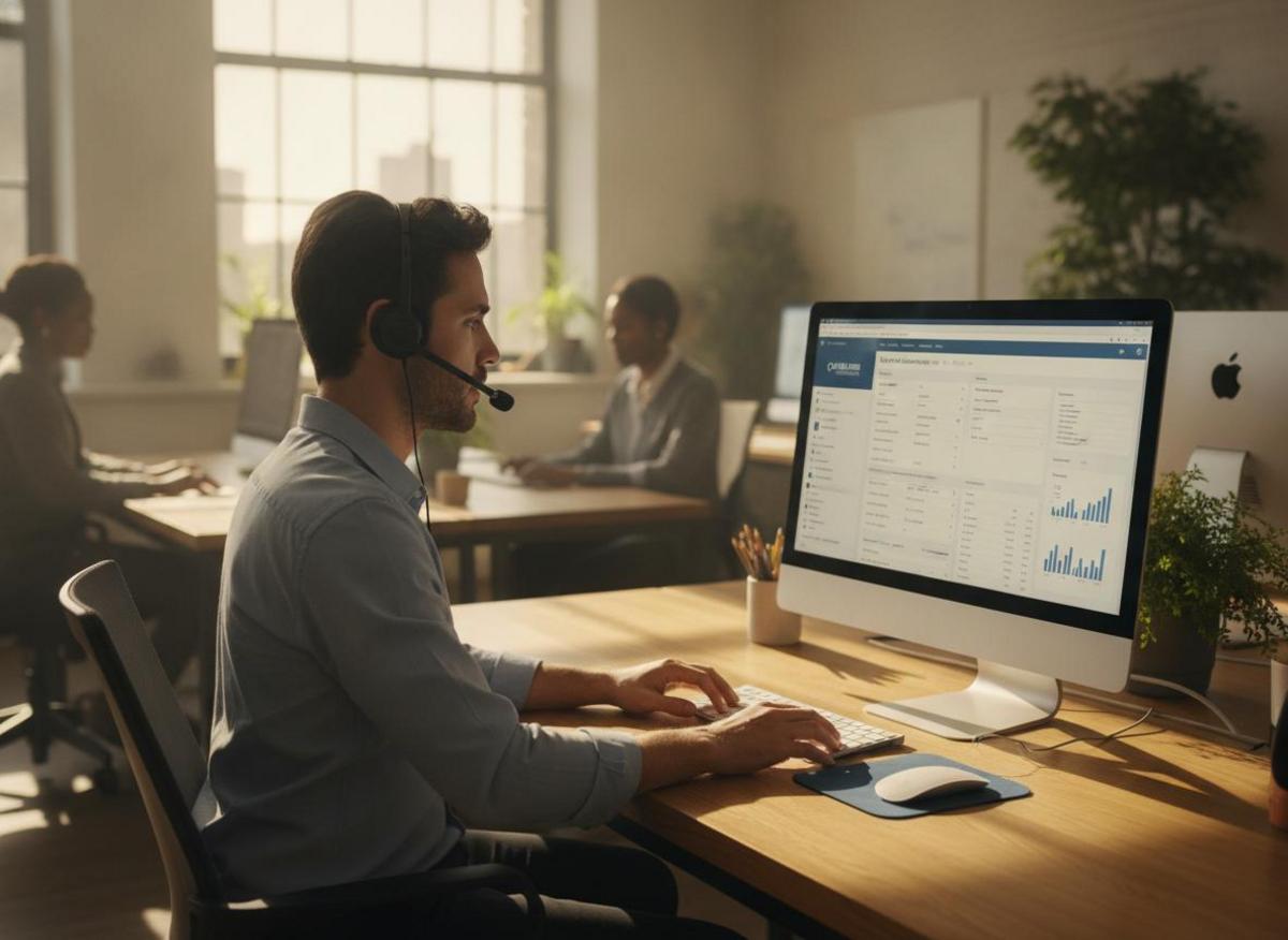 Salesperson on headset at desk with CRM screen showing marketing automation workflow examples B2B follow-up