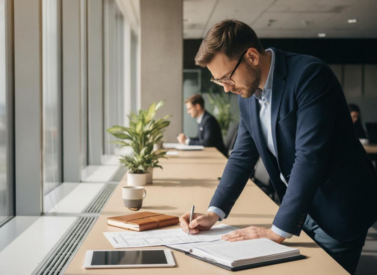 Professional reviewing B2B contact list at sunlit desk — part of marketing automation workflow examples b2b re-engagement