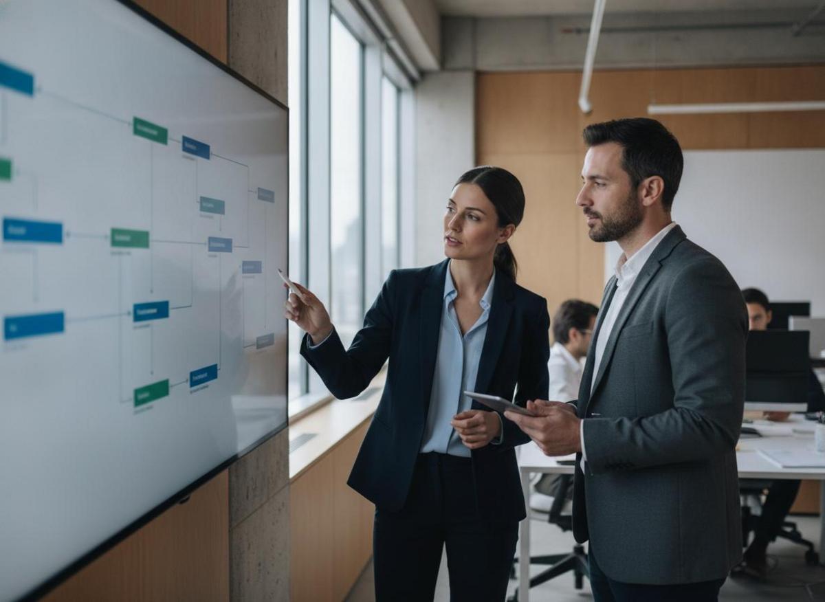 Two professionals reviewing a workflow diagram to learn how to connect CRM with Make.com in a modern office
