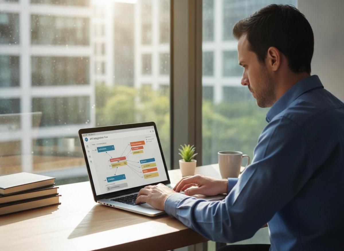 Person setting up laptop to connect CRM with Make.com at a bright desk with natural window light