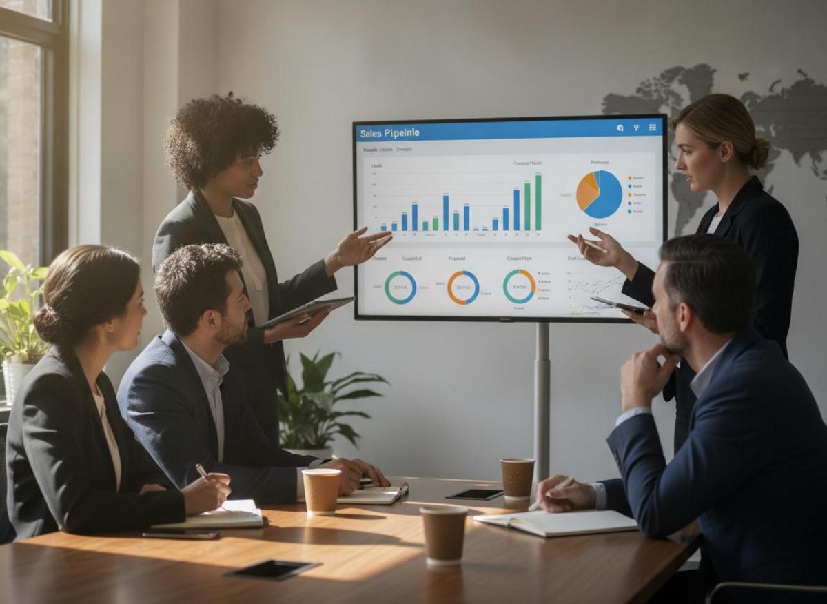 Small team reviewing a sales pipeline dashboard to explore how to connect CRM with Make.com for B2B automation