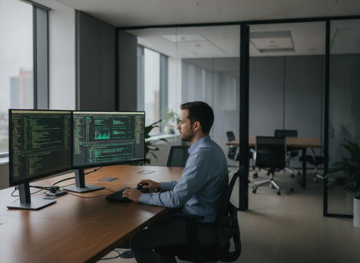 IT professional reviewing CRM data logs on dual monitors, ensuring integration reliability when learning how to connect CRM with Make.com