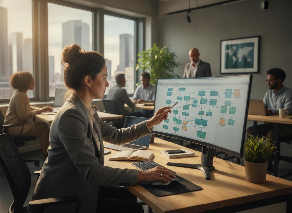 Marketing ops pro reviewing make.com workflow automation for B2B on monitor in bright open-plan office