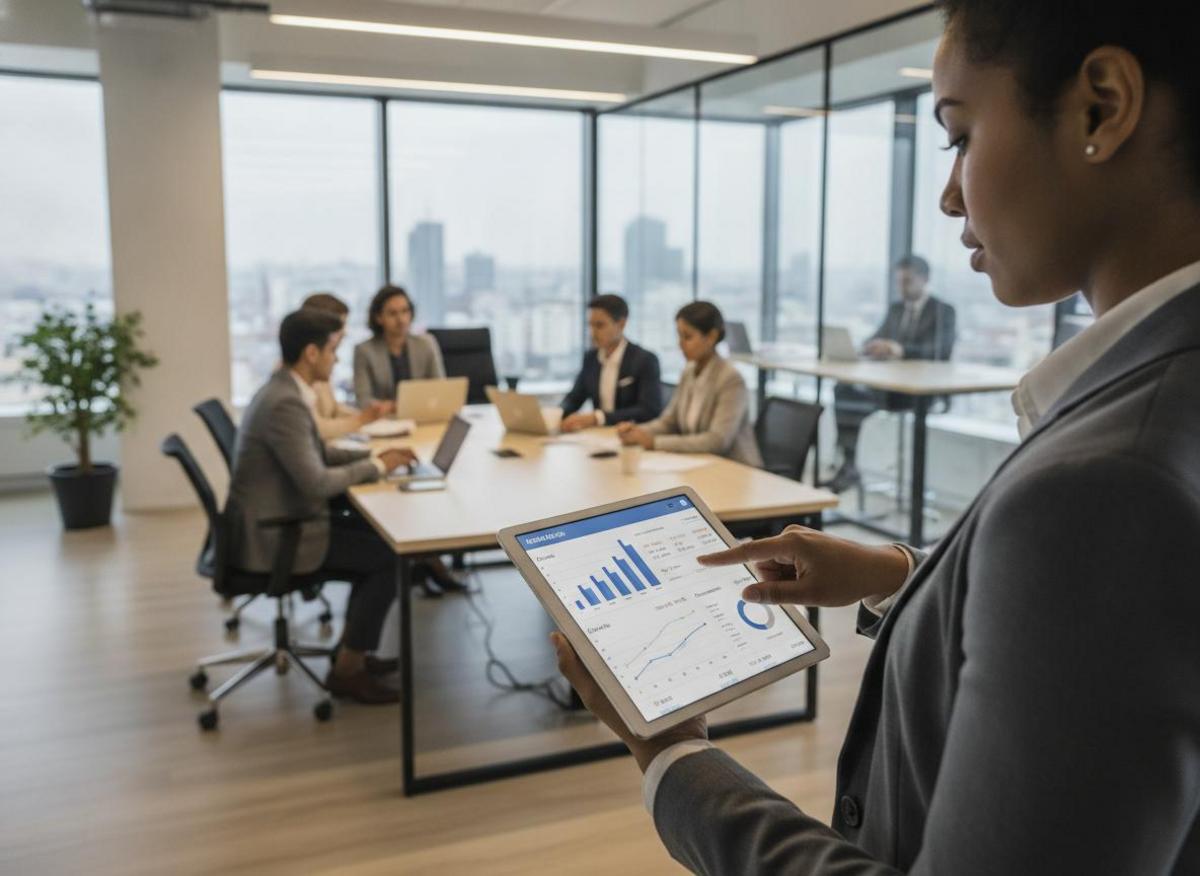 Professional reviewing B2B email campaign metrics on tablet using make.com workflow automation in modern office
