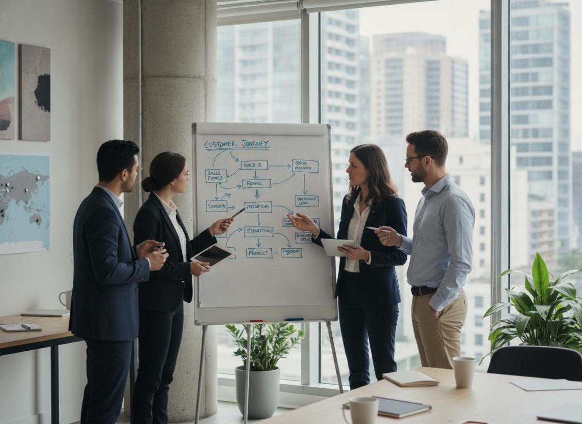 Small team reviewing make.com workflow automation for B2B process diagrams during a standing whiteboard meeting