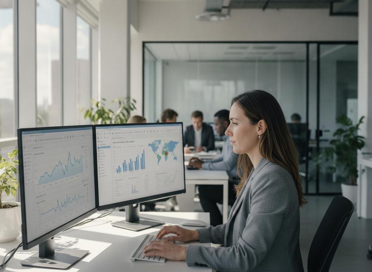 Marketing analyst reviewing website traffic graphs on dual monitors — digital marketing KPIs for beginners explained visually
