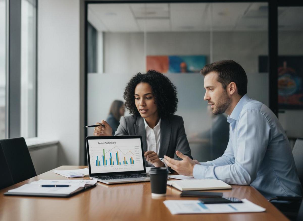 Two colleagues reviewing digital marketing KPIs for beginners on a laptop, analyzing content performance charts at a conference table