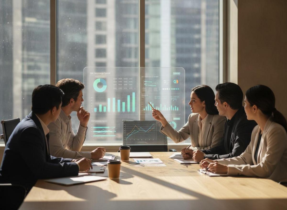 Finance and marketing team reviewing digital marketing KPIs for beginners via campaign cost data on a meeting room screen