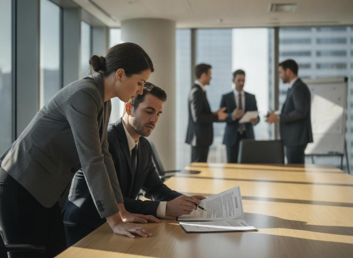 Two professionals reviewing contract terms — spotting red flags when hiring marketing agency with no clear deliverables