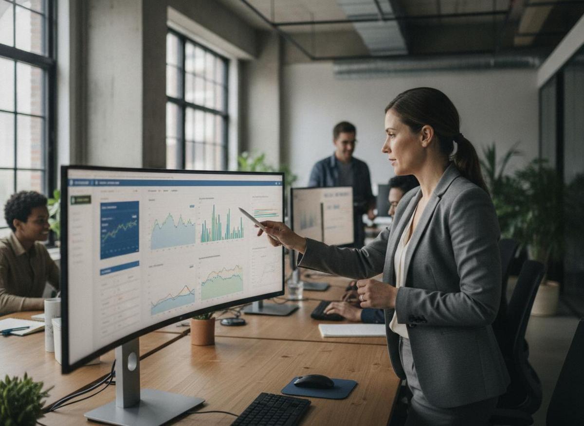 Analyst pointing at traffic dashboard — a red flag when hiring a marketing agency focused on vanity metrics