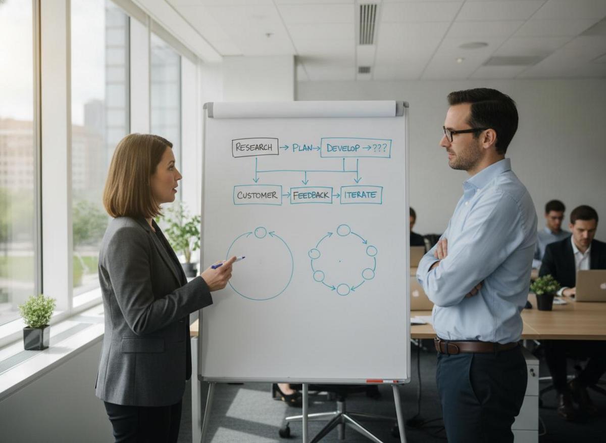 Colleagues reviewing incomplete whiteboard process diagram — red flags when hiring marketing agency with no clear methodology