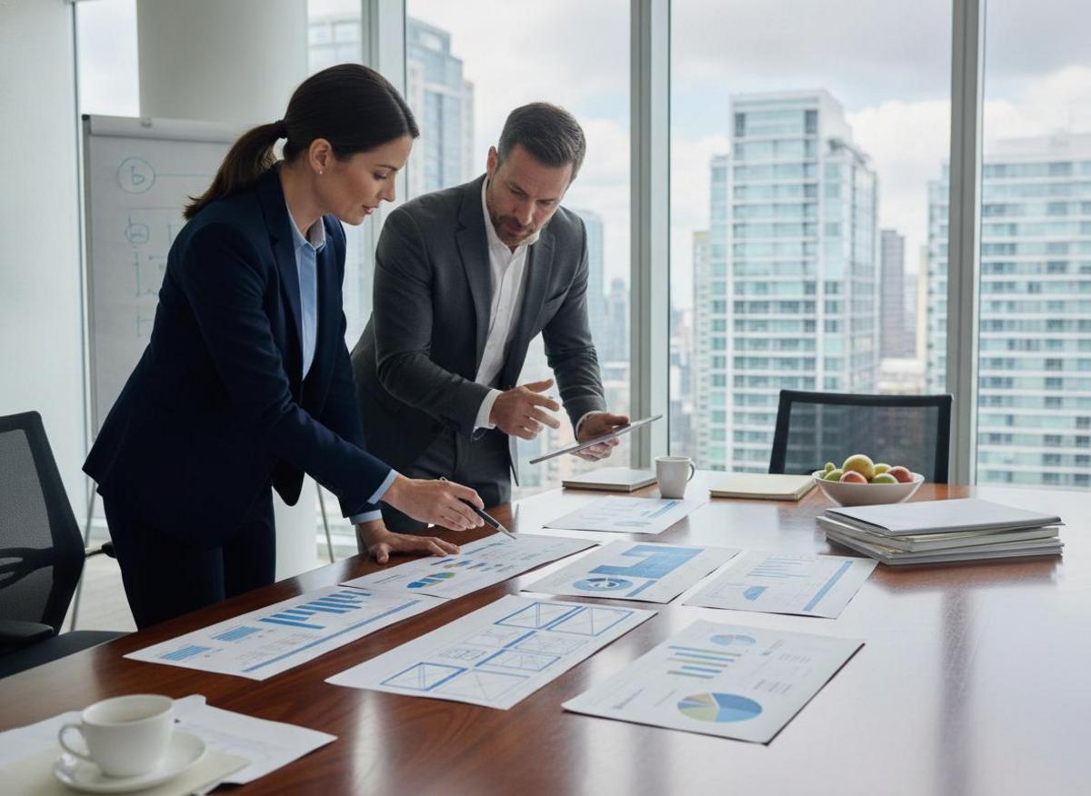 Two professionals reviewing wireframes and analytics reports, illustrating website redesign agency benefits in strategic planning