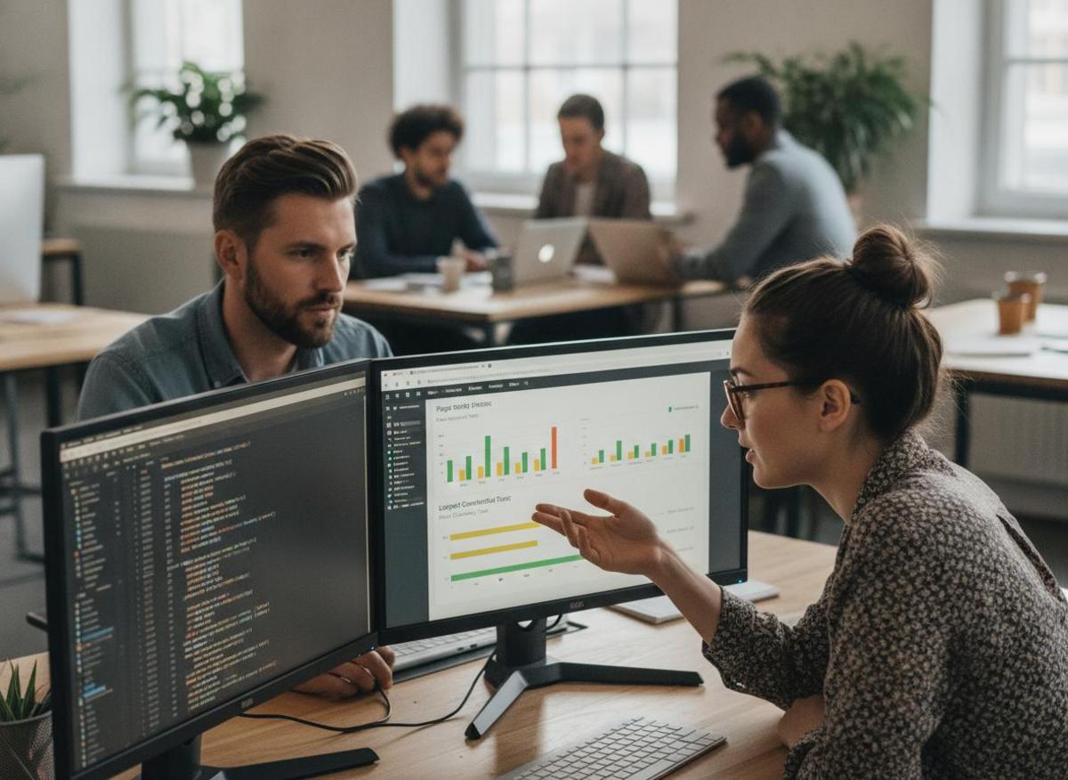 Developer and UX designer collaborating on code and page speed—key website redesign agency benefits in action