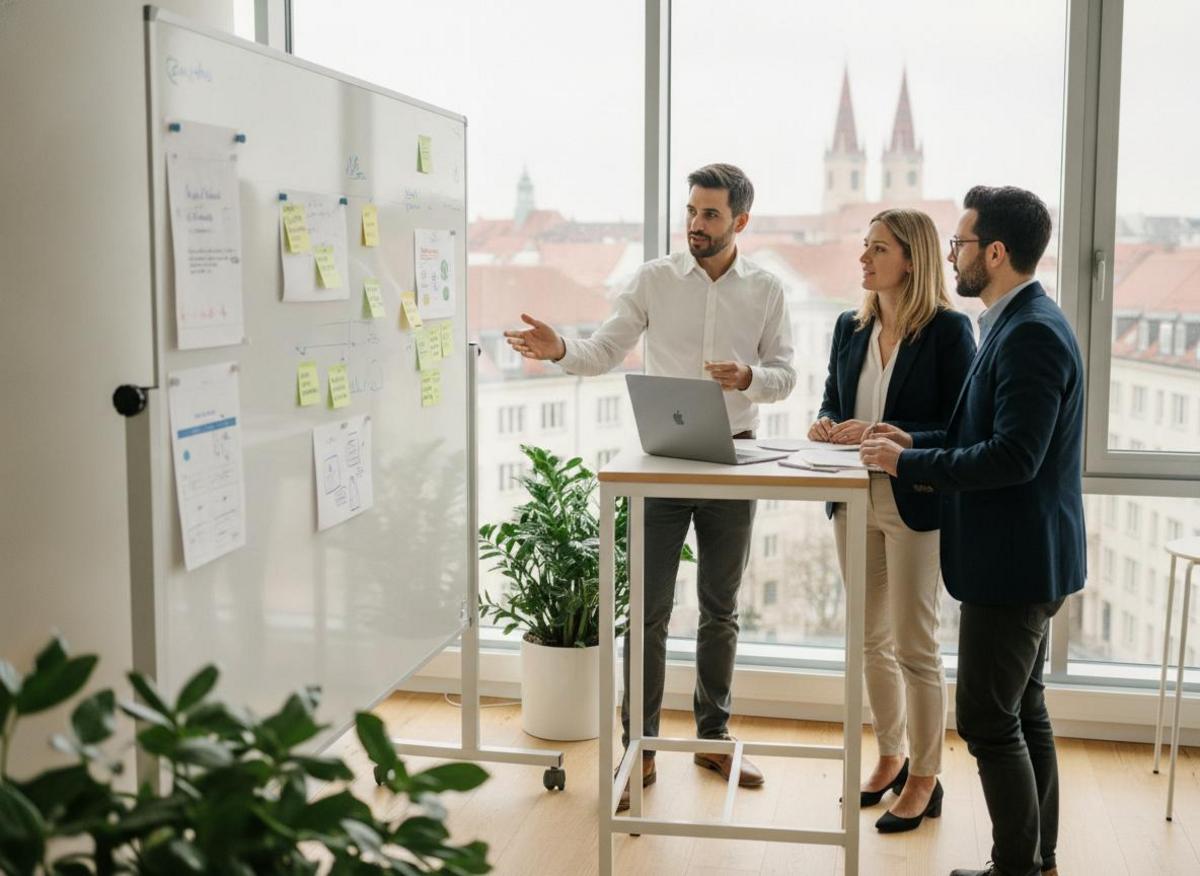 Small team collaborating at project board — website redesign agency benefits include aligned stakeholders and clear timelines