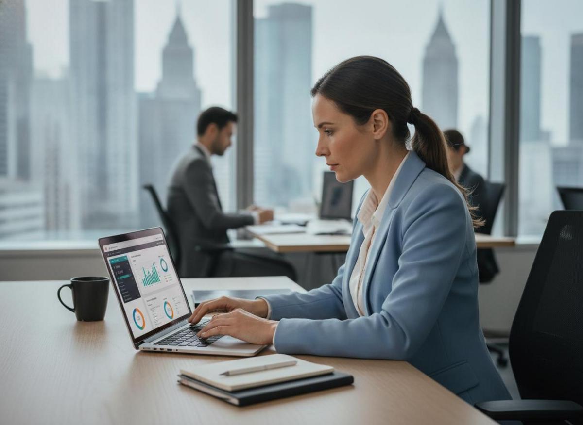 Marketing manager measuring website redesign agency benefits by reviewing analytics dashboard on laptop, city view background