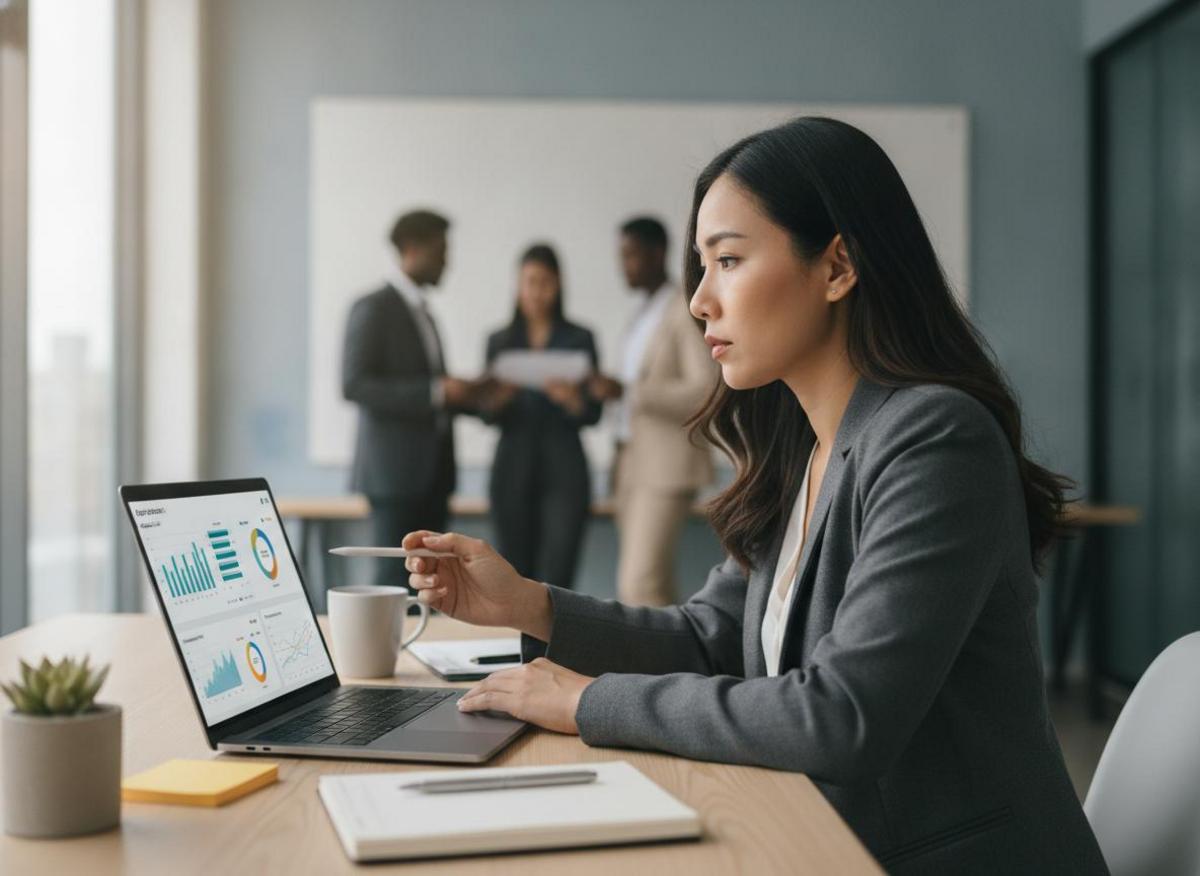 Small business owner comparing SEO vs Google Ads costs on laptop at sunlit office desk