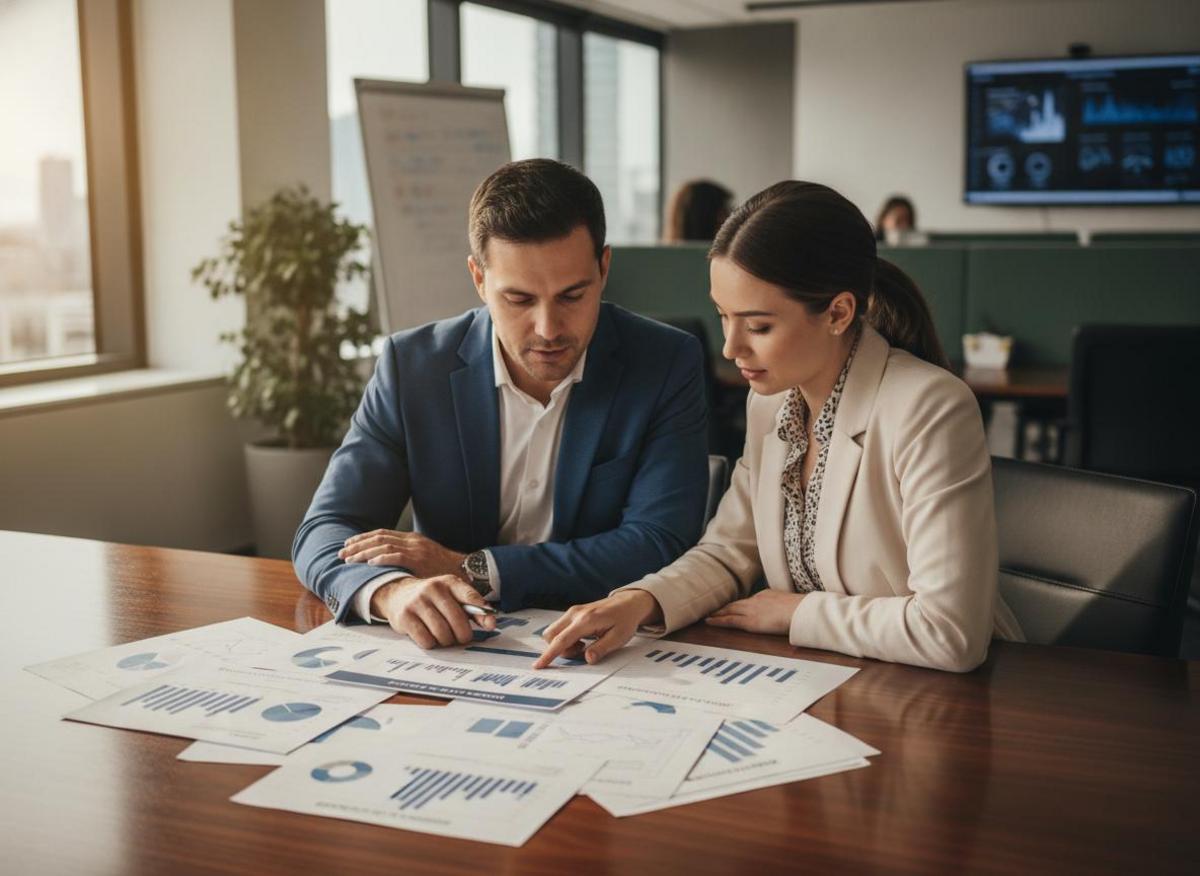 Two colleagues reviewing competitor research documents to decide between SEO vs Google Ads for small business growth