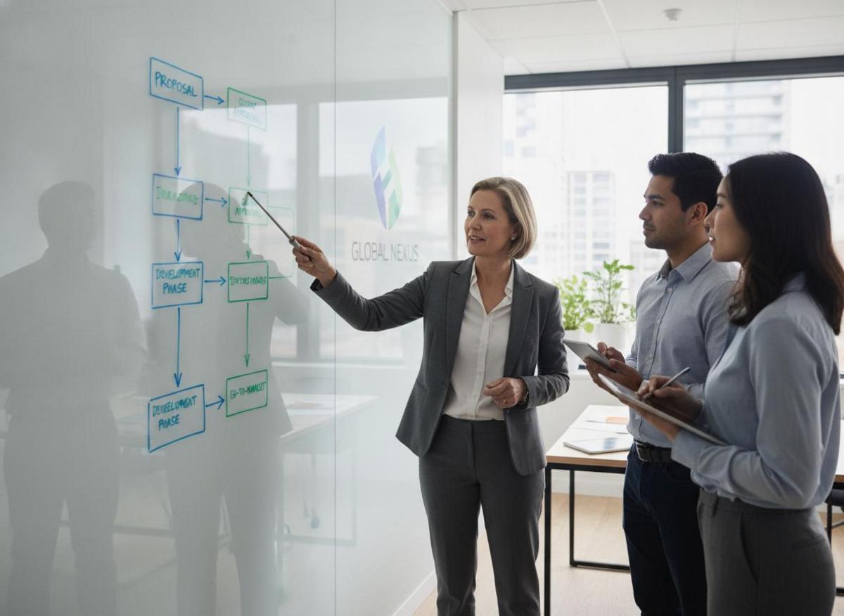 Manager pointing at decision flowchart on whiteboard to choose between SEO vs Google Ads for small business