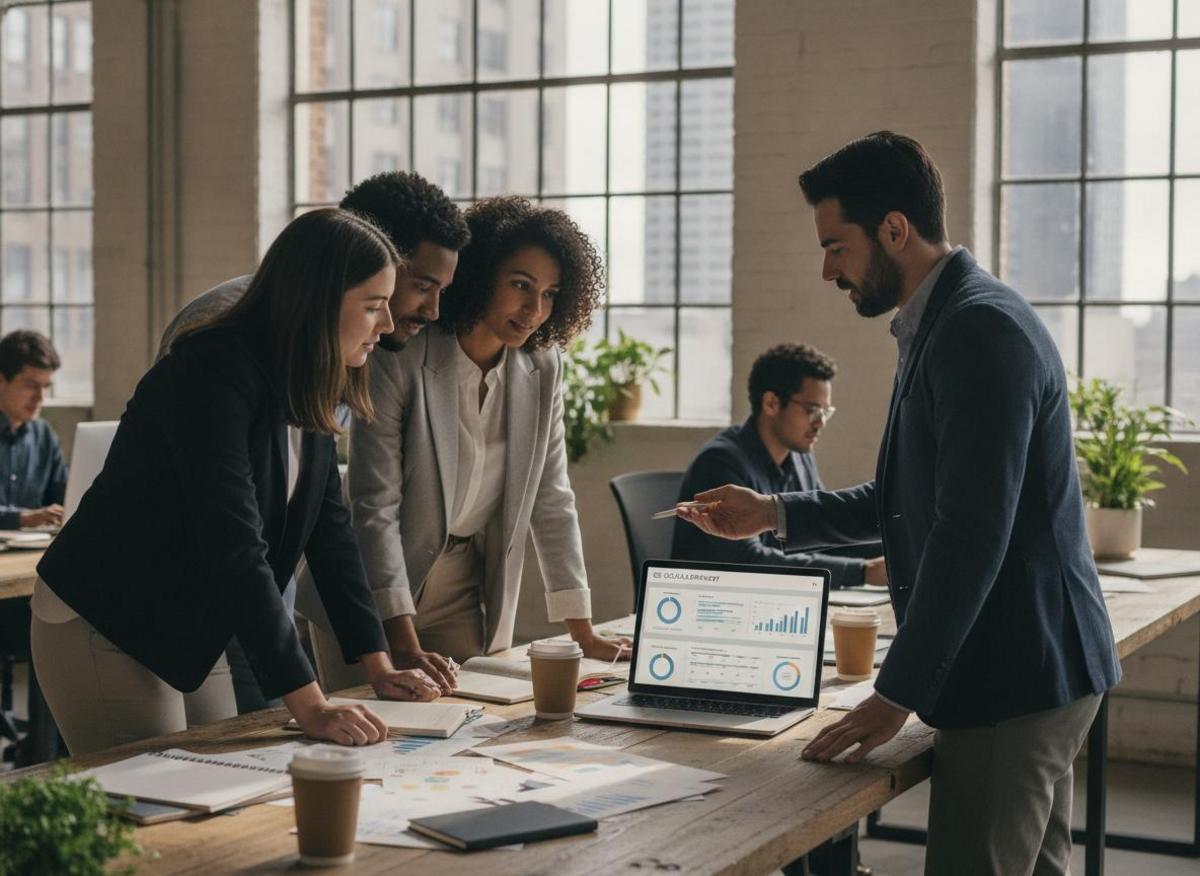 Small business team weighing SEO vs Google Ads strategy around a laptop in a modern office