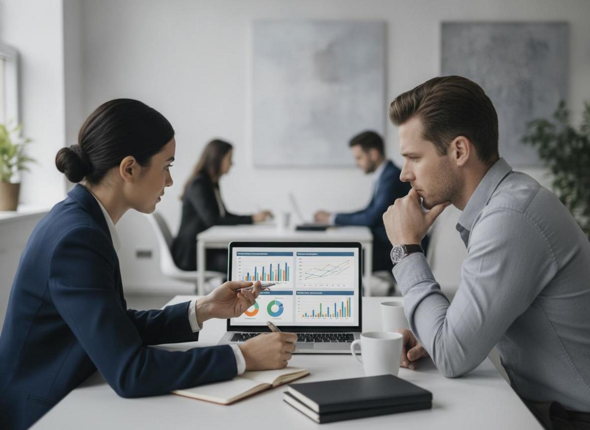 Two professionals reviewing performance dashboard on laptop, illustrating full service digital agency benefits in client reporting