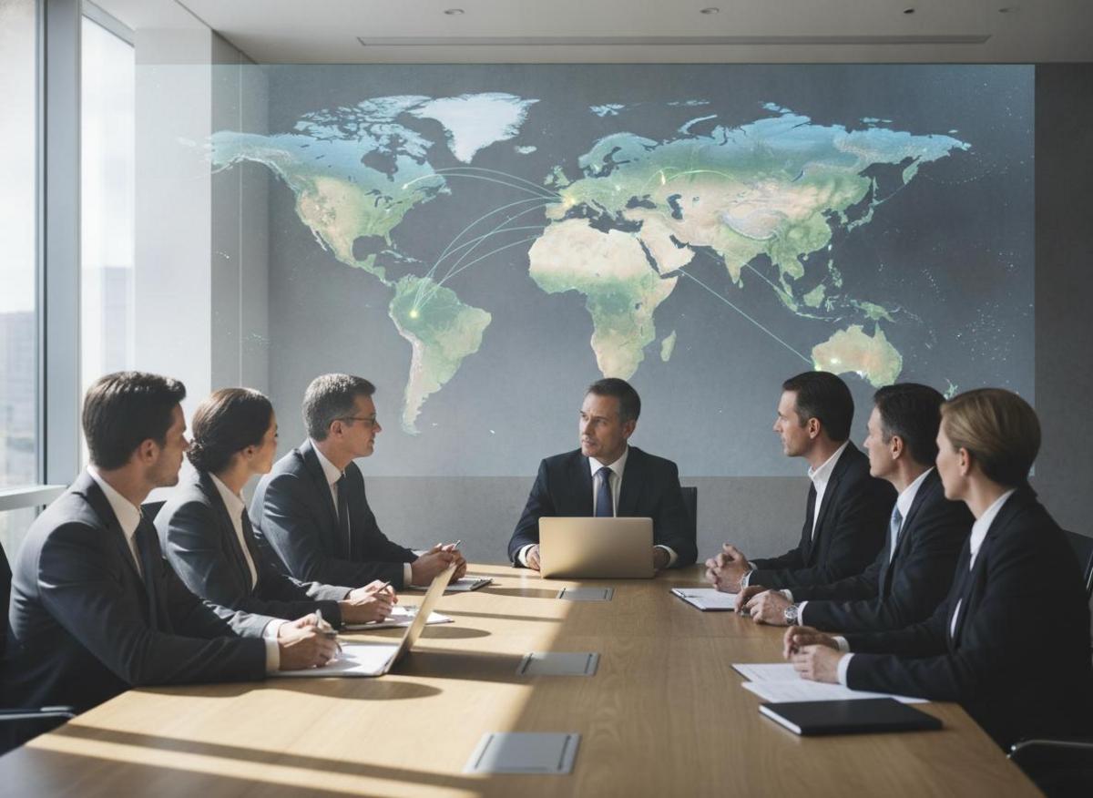 Global map presentation in boardroom shows full service digital agency benefits for scaling international markets efficiently