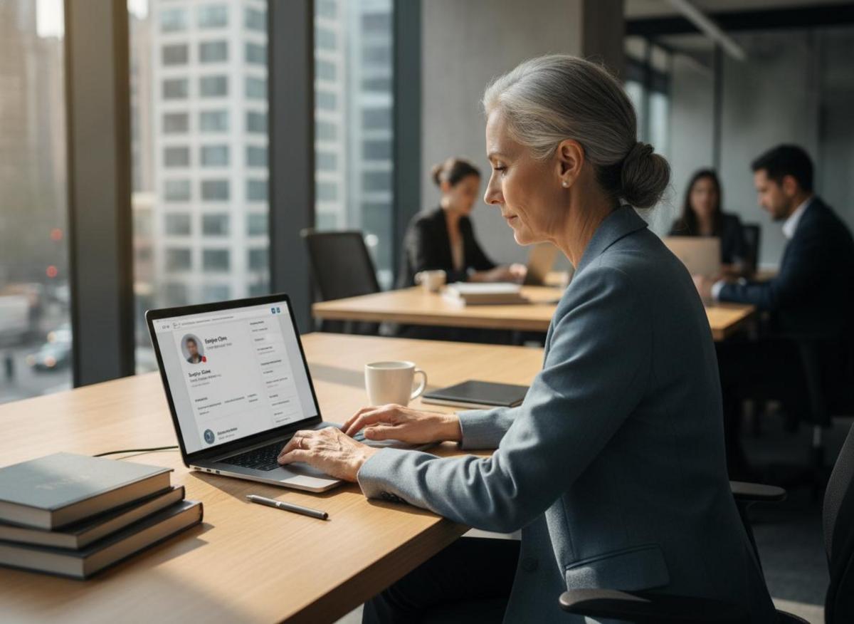 Senior executive building linkedin thought leadership for b2b brands by reviewing LinkedIn profile on modern office laptop