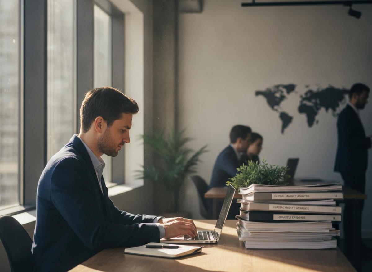 Professional writing LinkedIn thought leadership for B2B brands on laptop in quiet office with business reports nearby