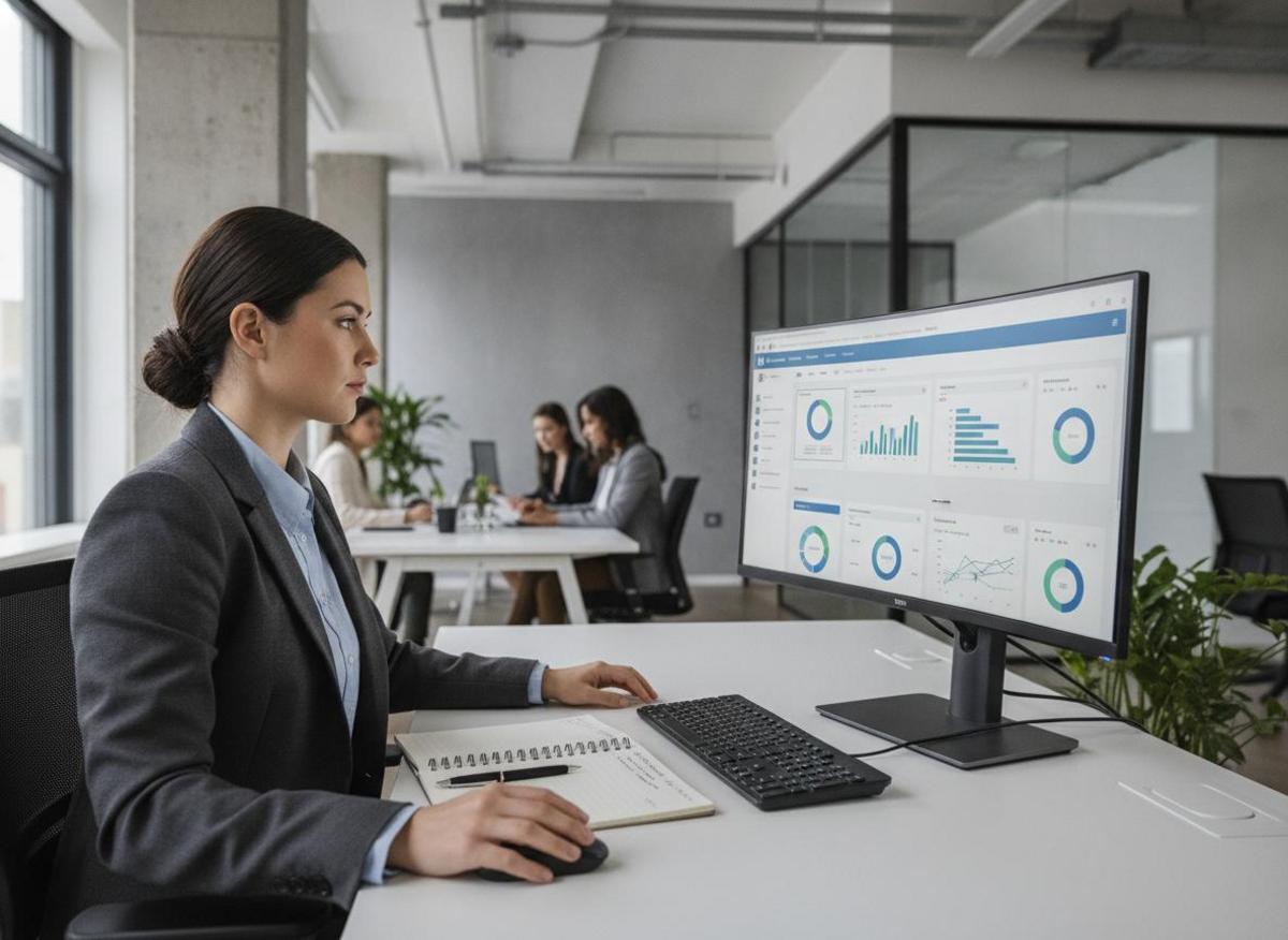 Analyst measuring LinkedIn thought leadership for B2B brands on dashboard, notebook open in modern office